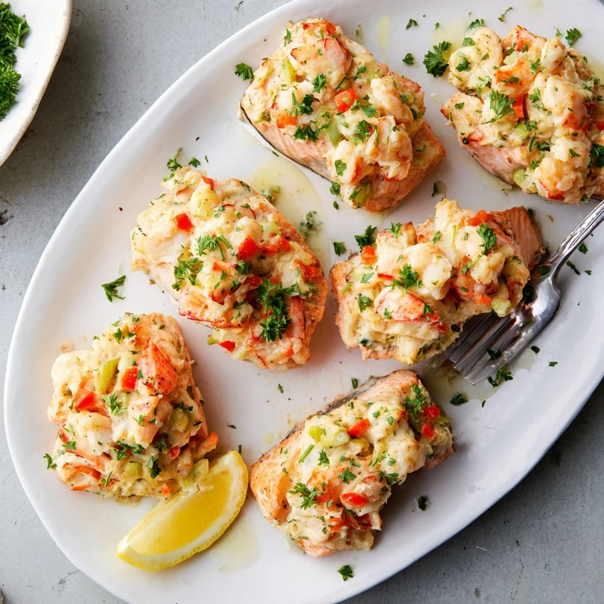 Crab & Shrimp Stuffed Salmon fillets displayed next to fresh lemon wedges and a glass of white wine.
