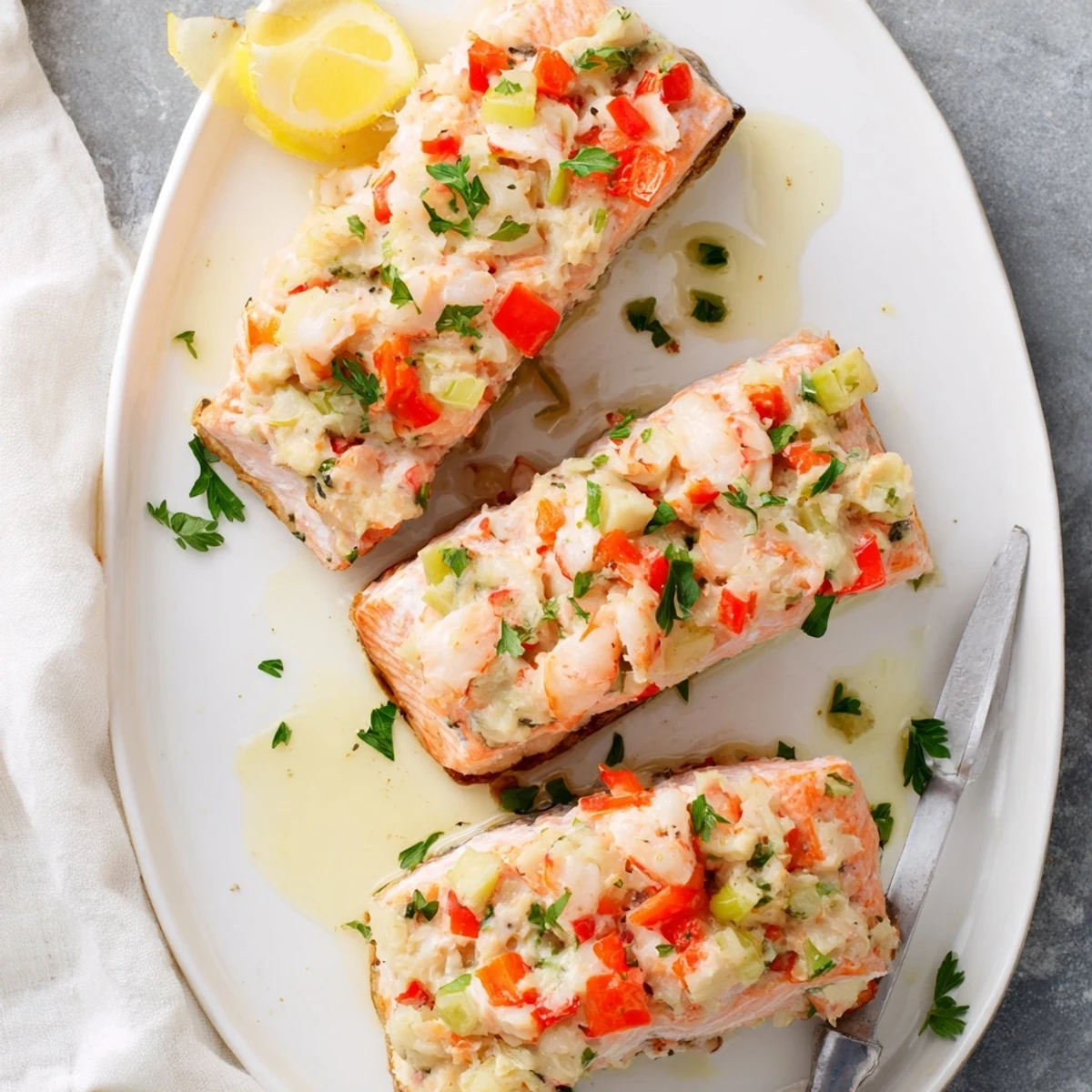 Crab & Shrimp Stuffed Salmon served on a white plate with asparagus and wild rice for dinner.