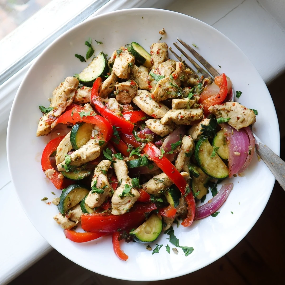 A colorful Mediterranean chicken stir fry with tender chicken, crisp vegetables, and fragrant herbs sizzling in a hot skillet.
