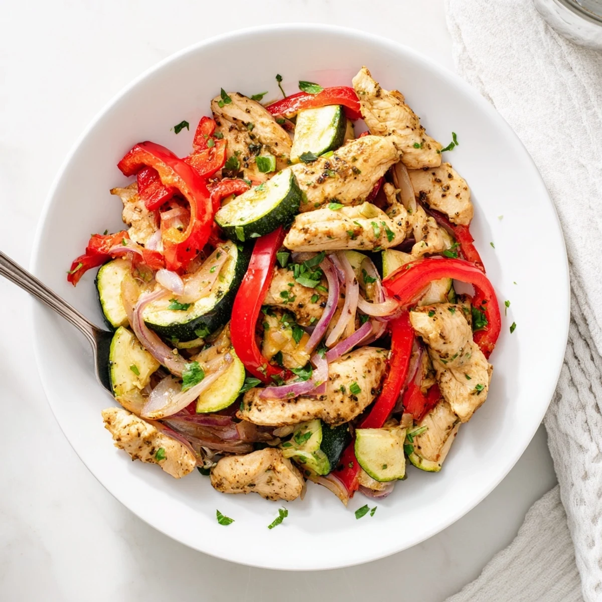 Fresh and healthy Mediterranean chicken stir fry with juicy chicken strips, vibrant bell peppers, and zucchini tossed in olive oil.