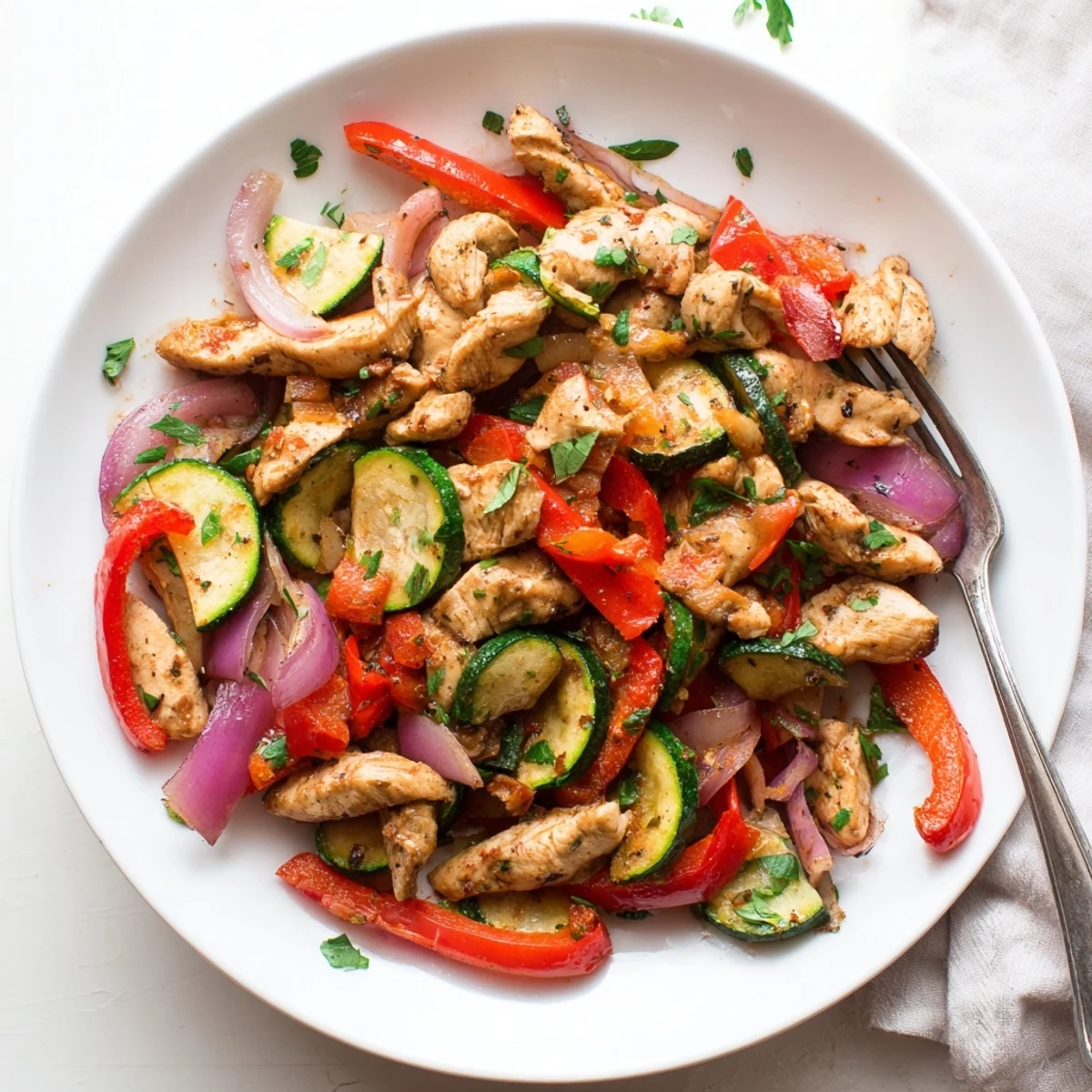 A quick and easy Mediterranean chicken stir fry featuring golden chicken, aromatic garlic, and oregano, served with lemon wedges.