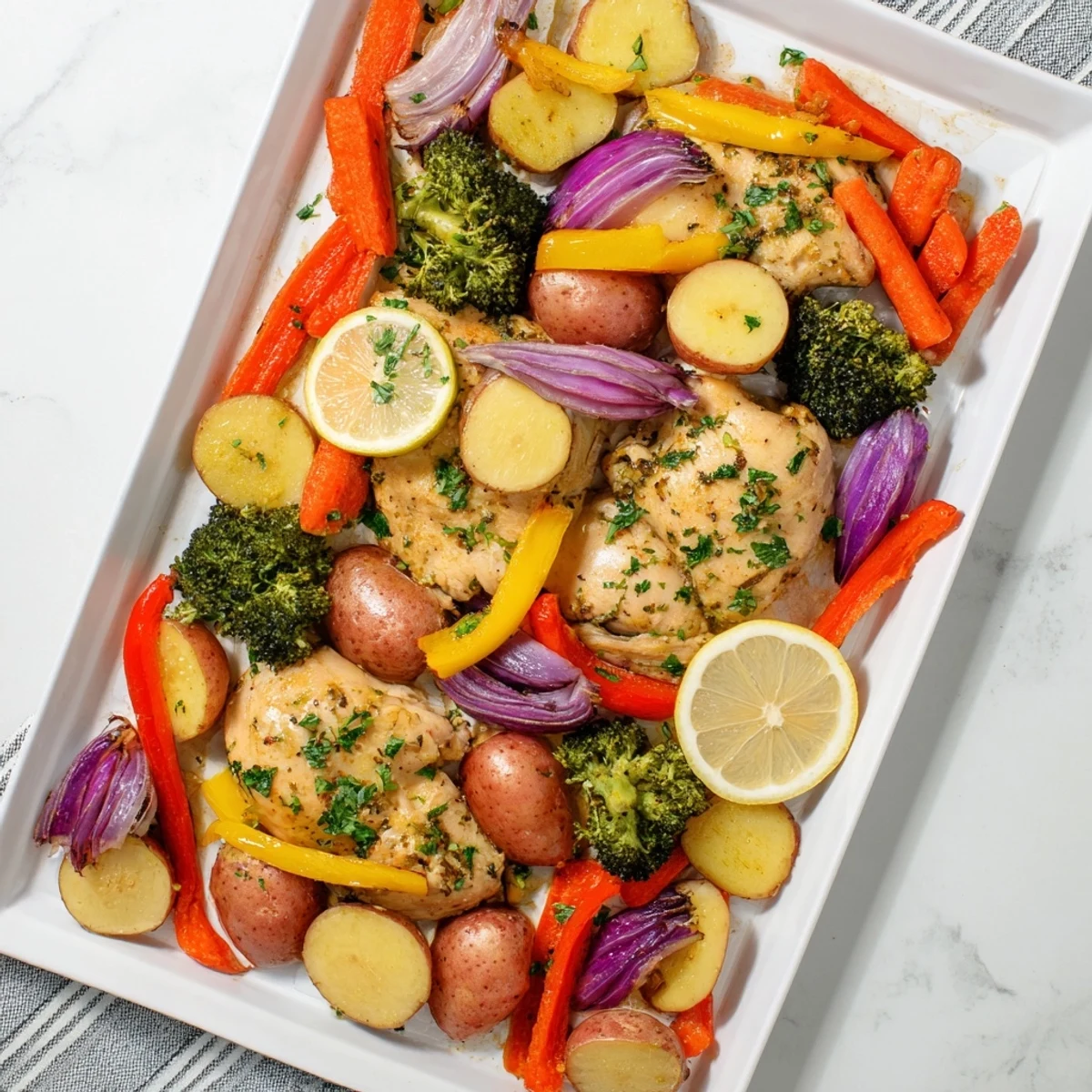 Sheet pan lemon herb chicken and vegetables with vibrant roasted potatoes and peppers.  