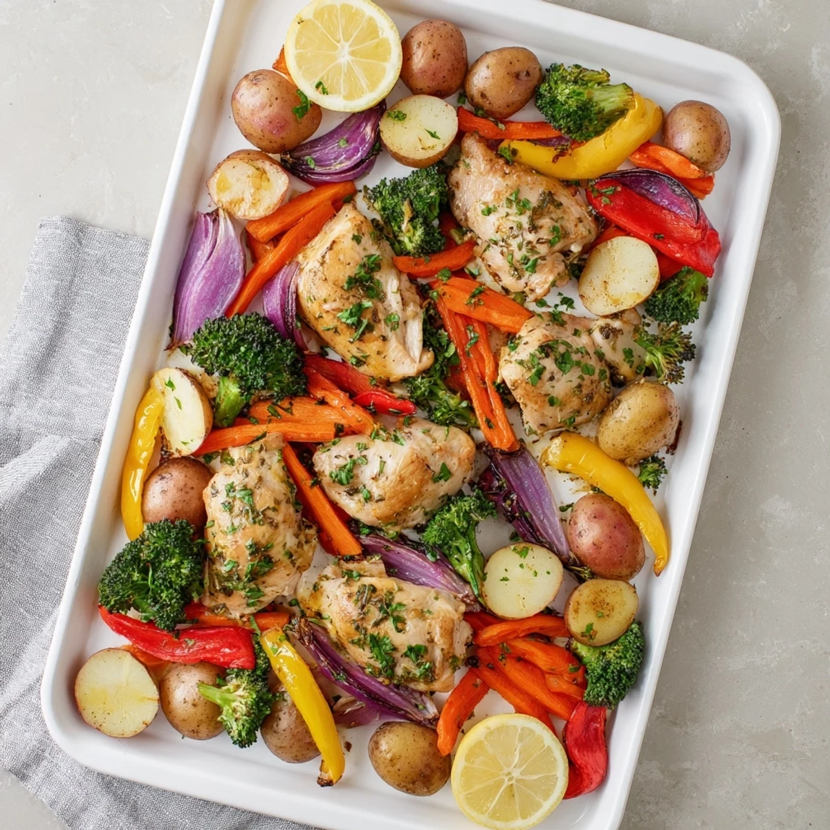 Lemon herb chicken and vegetables, roasted together for a flavorful, easy sheet pan dinner.