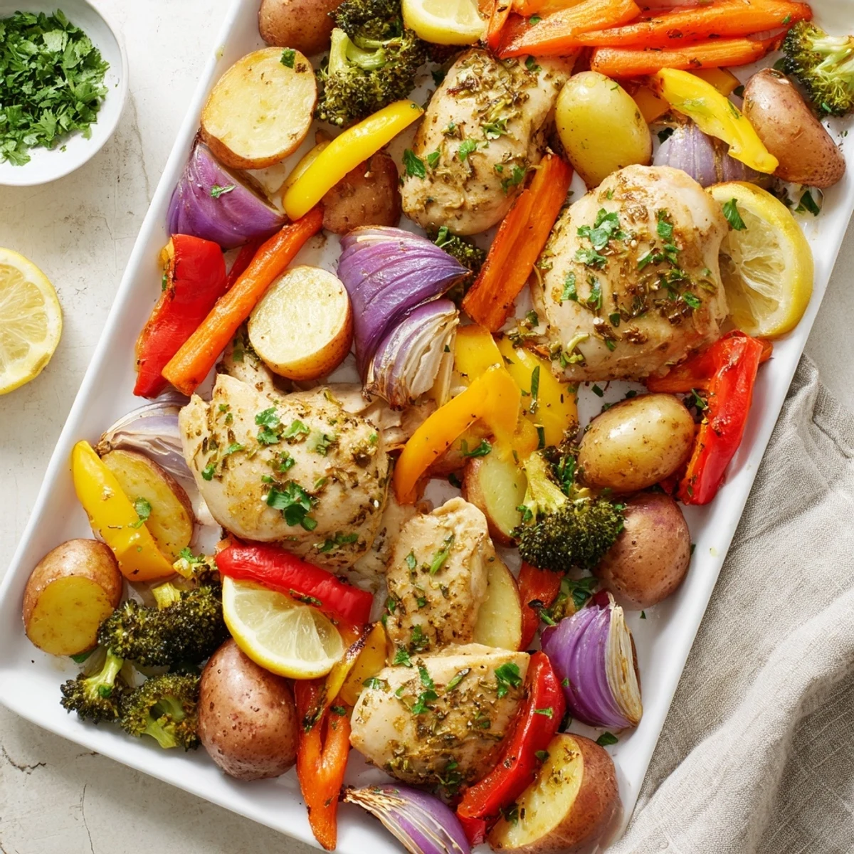 Juicy chicken breasts with zesty lemon and herbs alongside colorful vegetables on a sheet pan.  