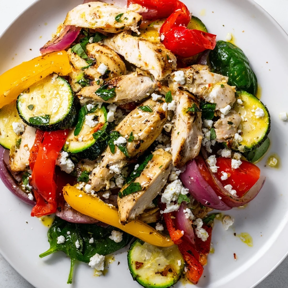 Golden-brown Mediterranean Chicken Stir Fry with bell peppers, zucchini, and cherry tomatoes in a skillet, garnished with feta.