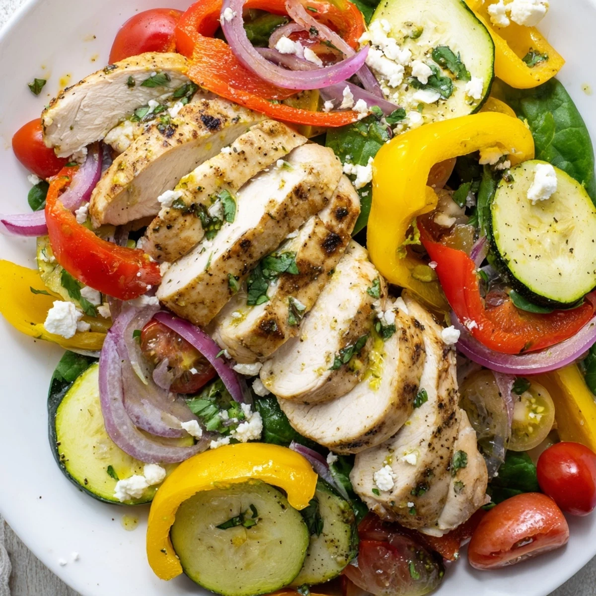 Close-up of Mediterranean Chicken Stir Fry showing juicy chicken, crisp red onions, and fresh parsley, ready to be enjoyed.