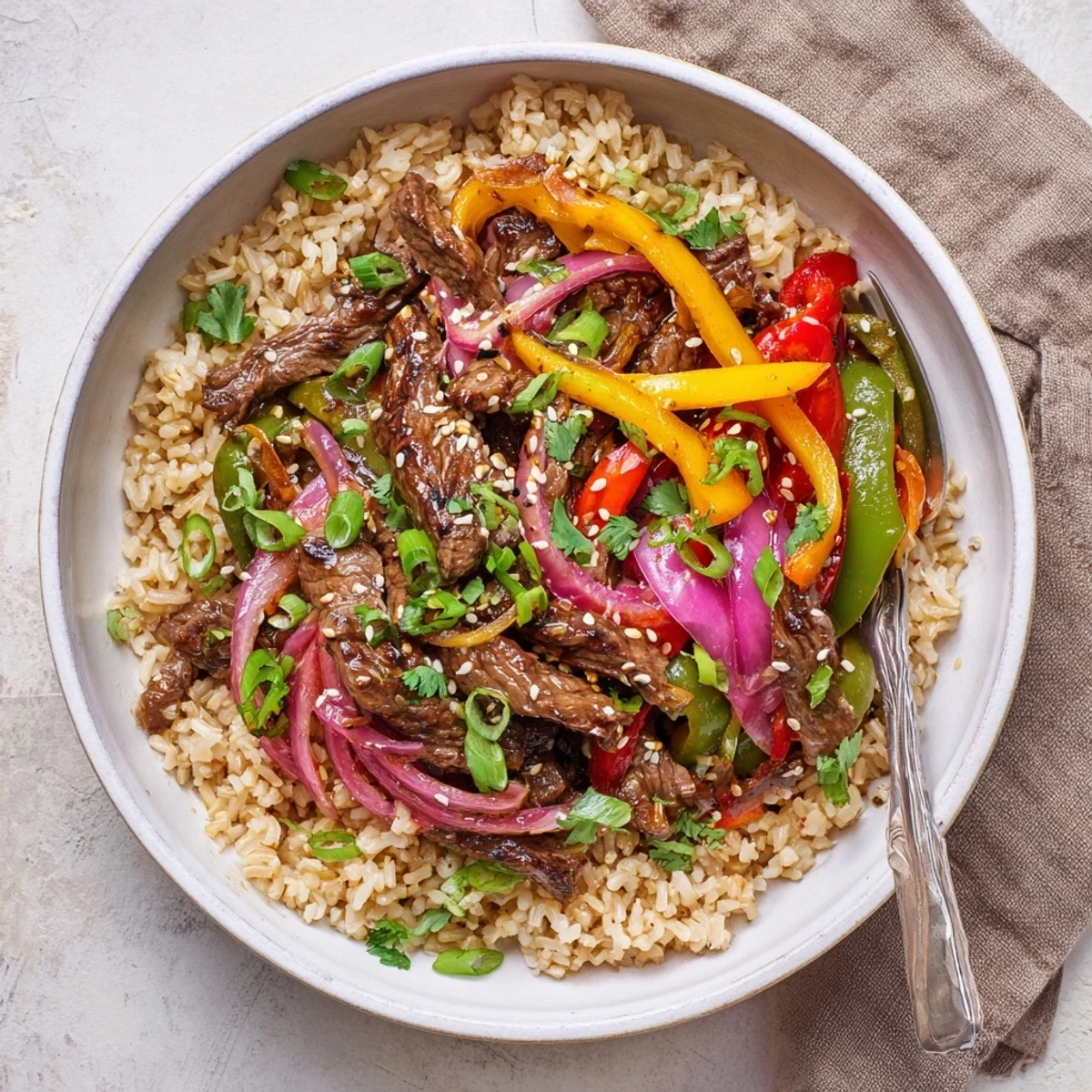 Healthy Beef and Pepper Rice Bowl with tender beef, colorful bell peppers, and savory garlic-ginger sauce over brown rice.