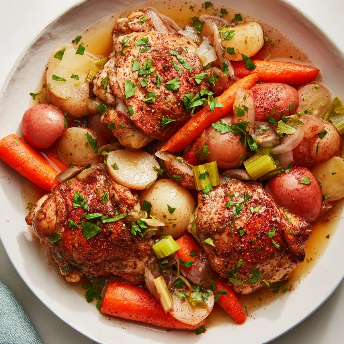 Healthy Savory Slow Cooker Chicken with tender vegetables in a rich, aromatic broth, perfect for a comforting family dinner.