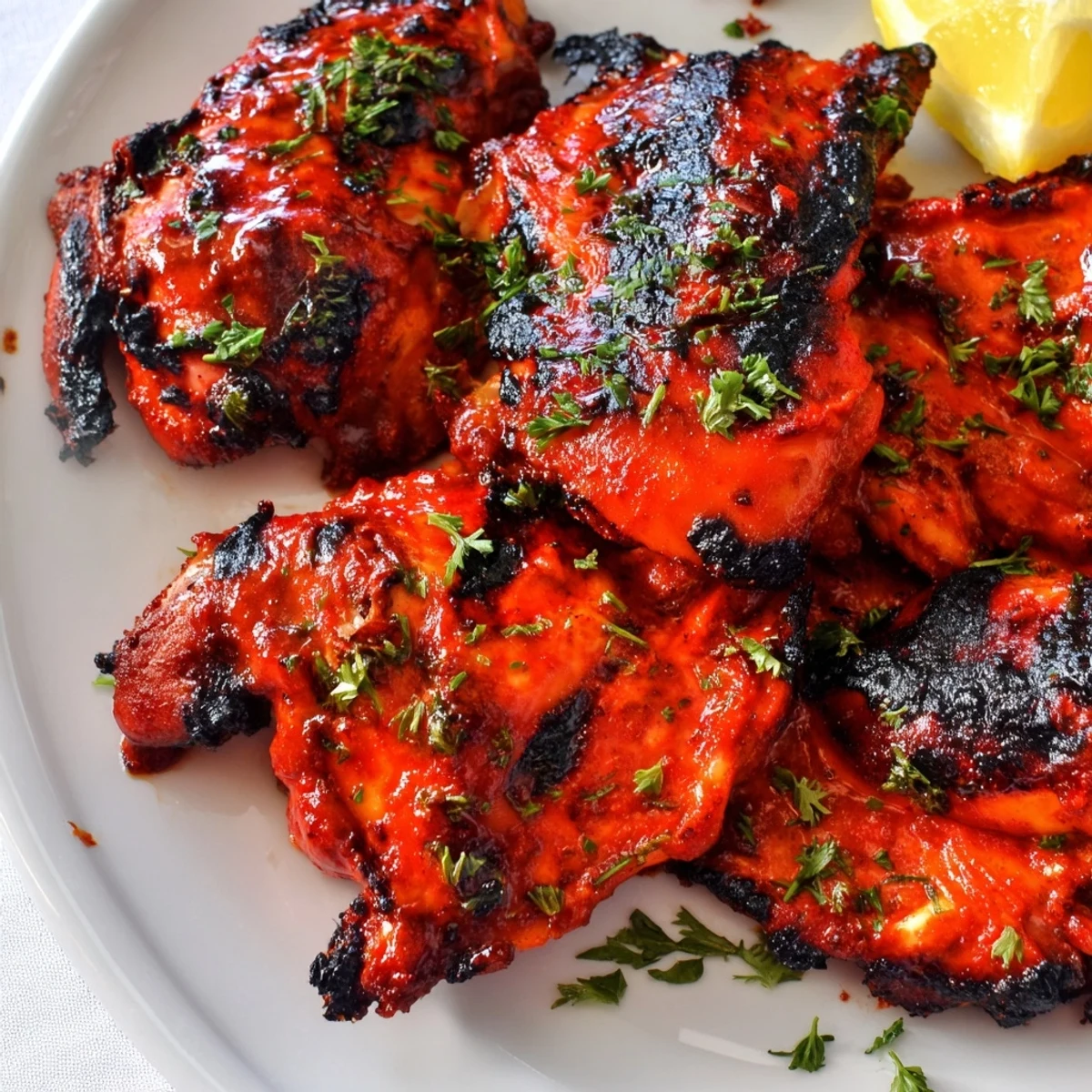 Golden-brown Peri Peri Chicken Portuguese Style with charred skin, served alongside lemon wedges and fresh parsley garnish on a rustic wooden table.
