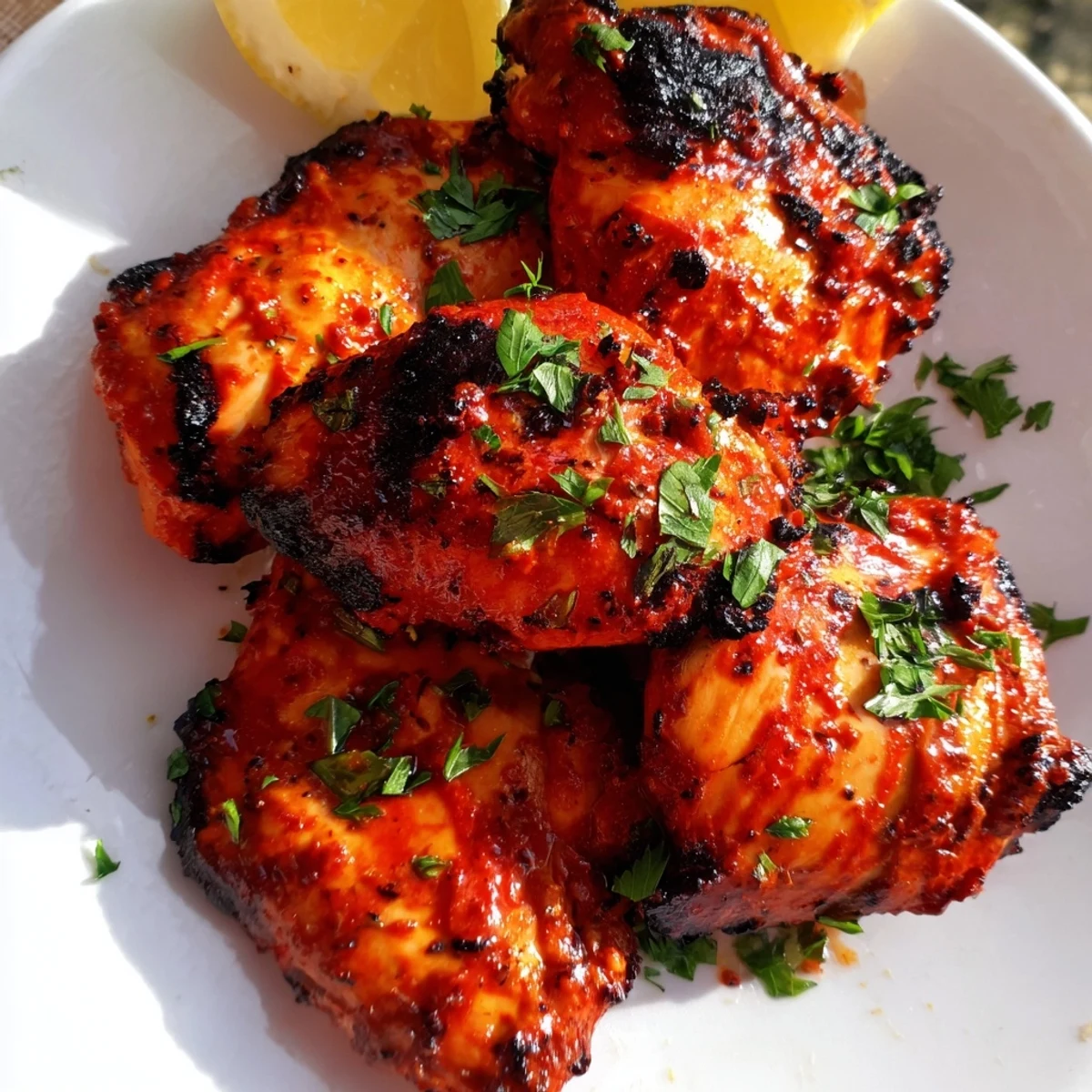 Juicy Peri Peri Chicken Portuguese Style fresh off the grill, featuring vibrant red marinade and smoky grill marks on a bed of greens.