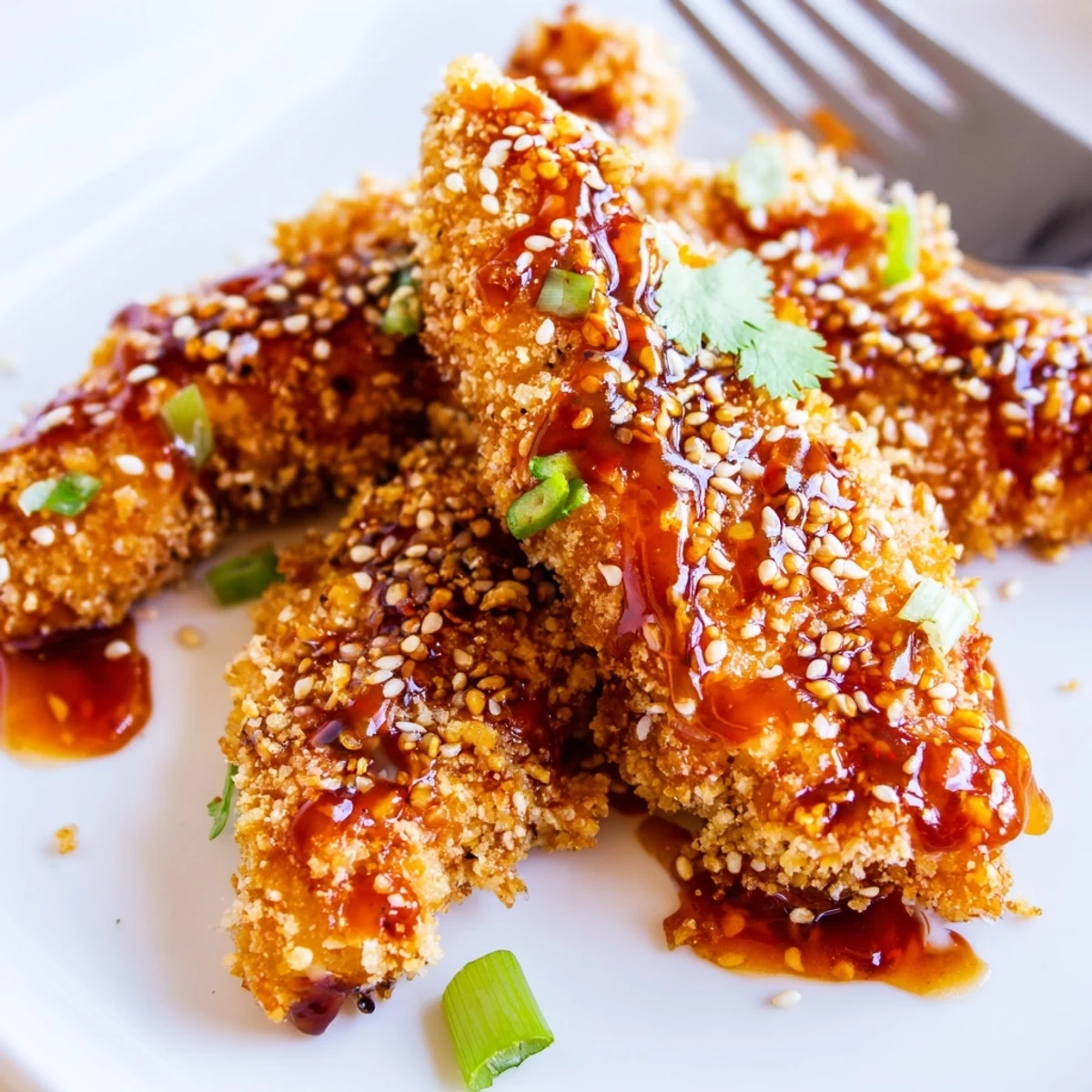 Golden-brown Thai Sticky Chicken Fingers glazed with sweet chili sauce, garnished with sesame seeds and green onions on a platter.