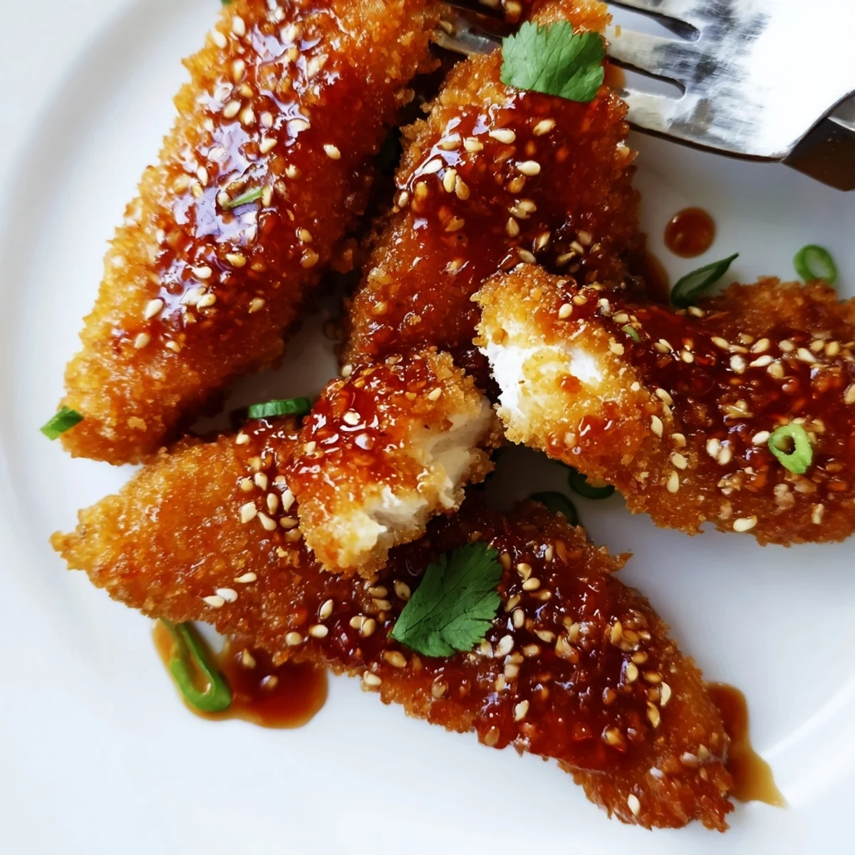 Crispy baked Thai Sticky Chicken Fingers tossed in a glossy, spicy-sweet sauce, served alongside fresh lime wedges and cilantro.