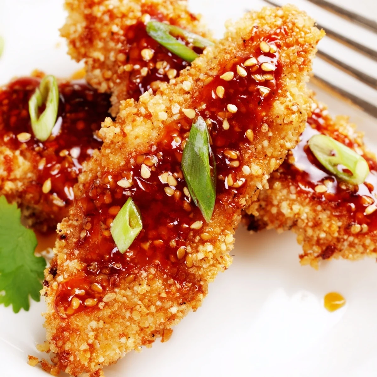 Freshly baked Thai Sticky Chicken Fingers with a crunchy panko coating, drizzled with warm sauce and ready to serve.