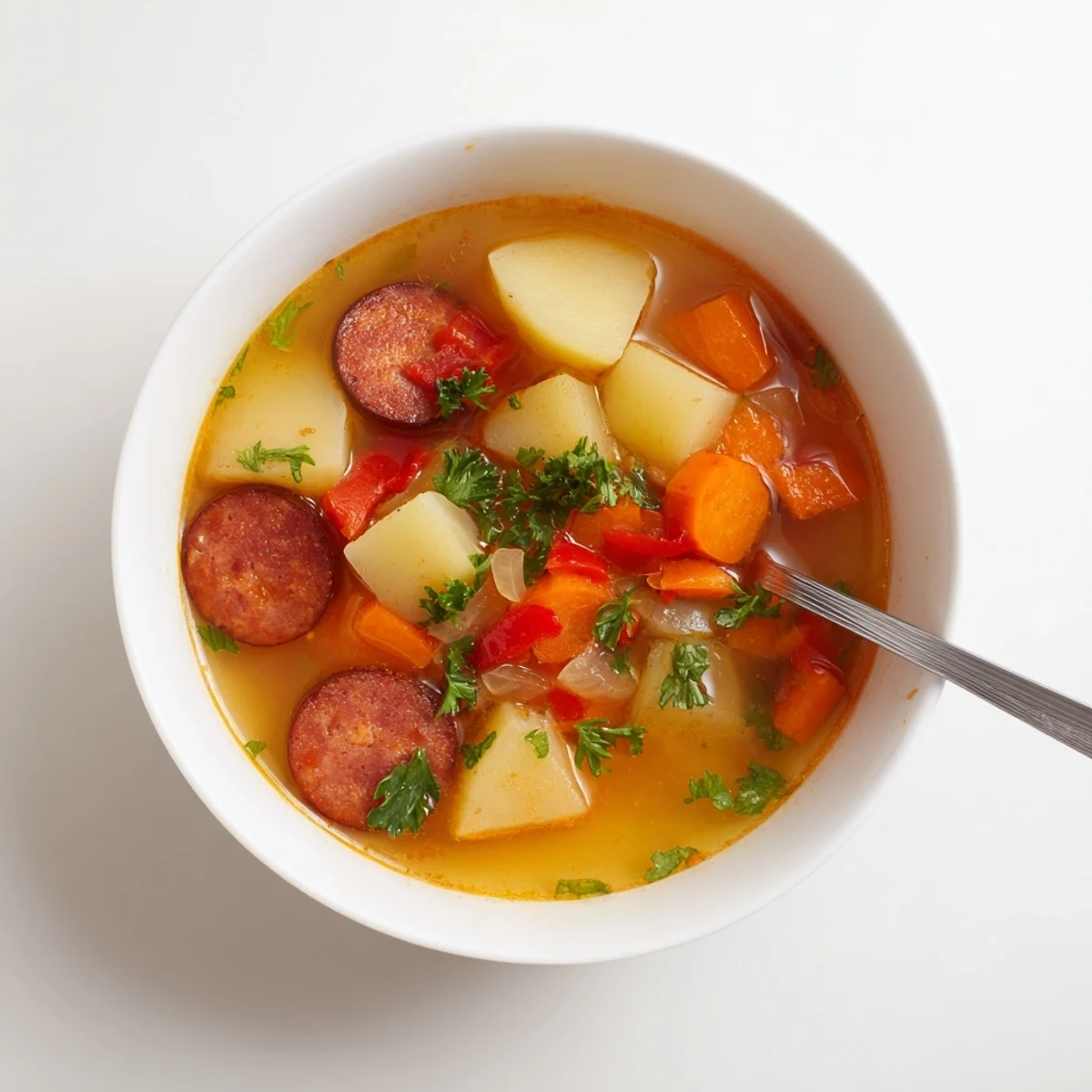 Creamy Spanish Potato Soup with Chorizo served in a rustic bowl, topped with fresh parsley and drizzled with olive oil for a comforting meal.