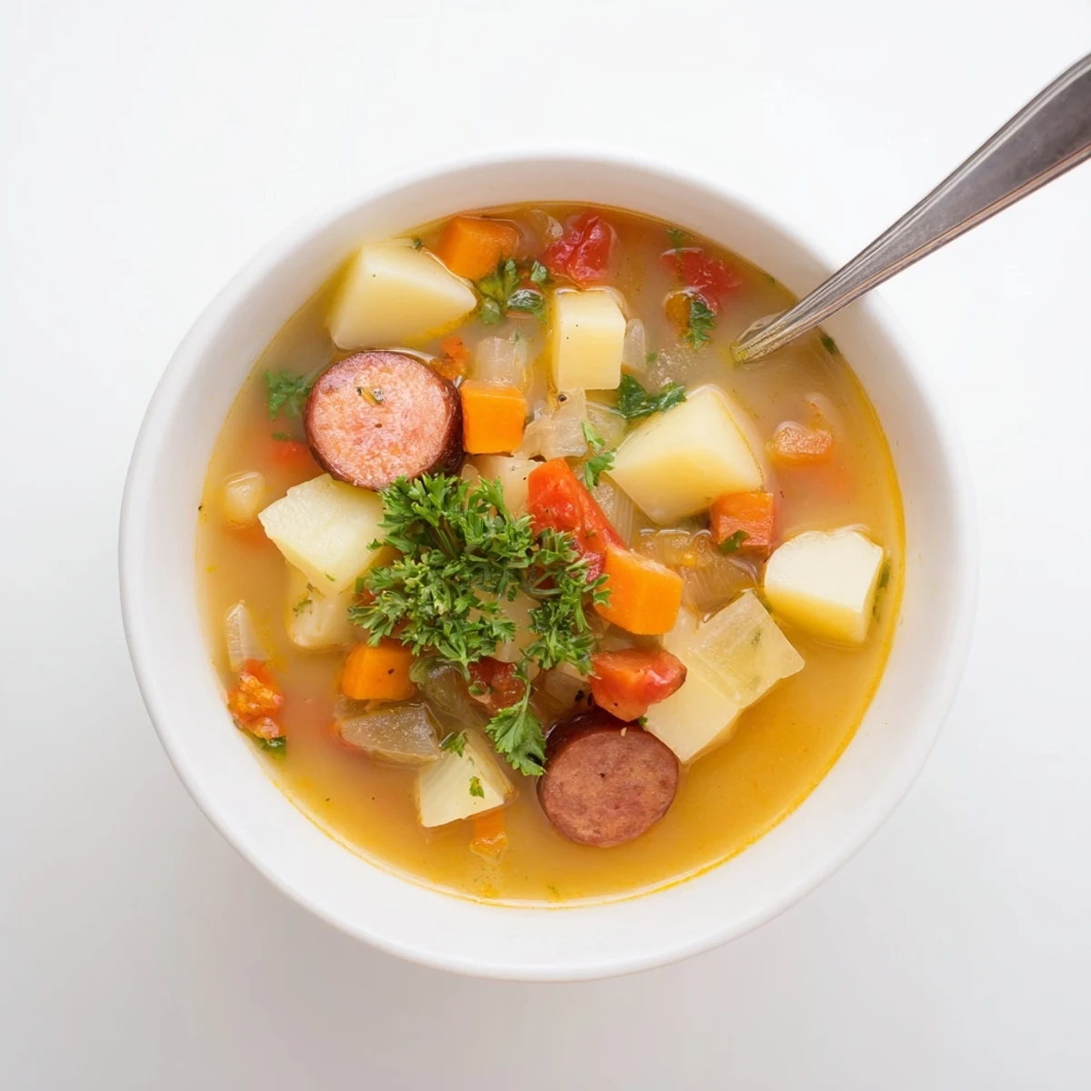 A close-up of Spanish Potato Soup with Chorizo showcasing tender potatoes, smoky sausage slices, and aromatic vegetables in a savory broth.