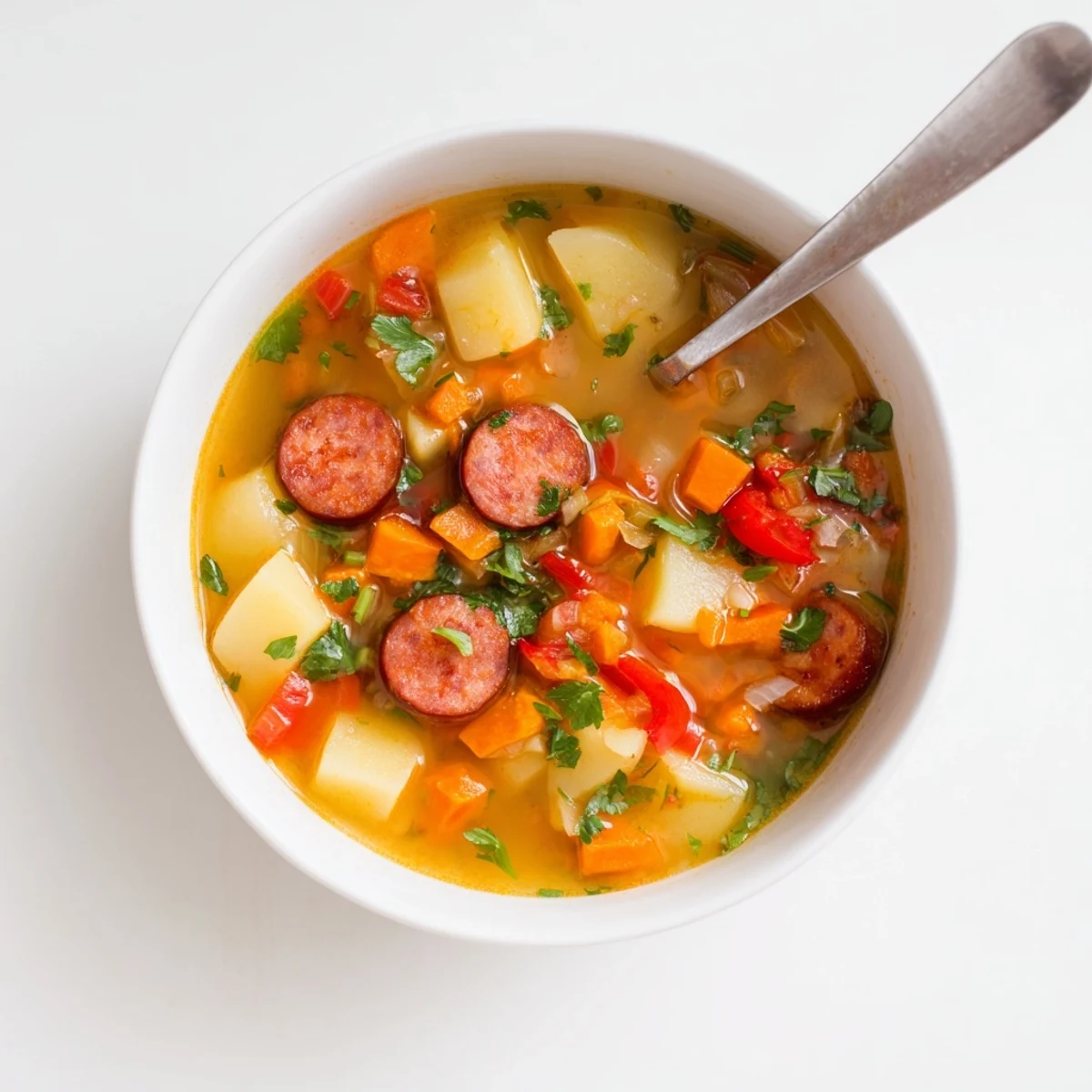 Steaming Spanish Potato Soup with Chorizo in a white bowl, garnished with parsley and paired with crusty bread for dipping.
