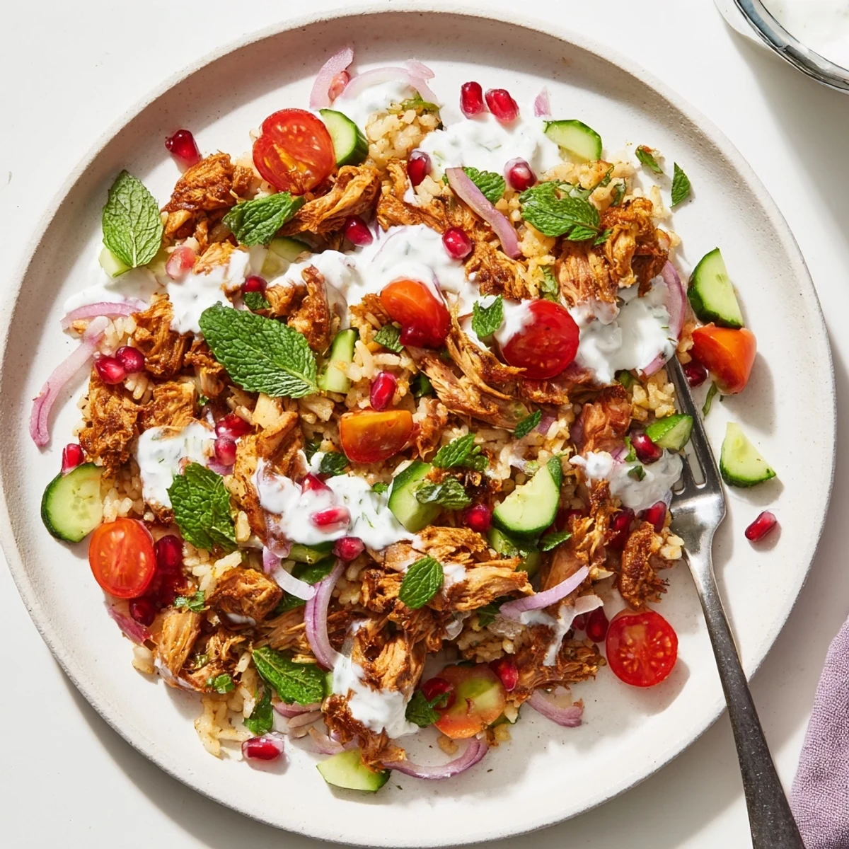 A close-up of vibrant Chicken Shawarma Crispy Rice Salad with creamy yogurt-tahini dressing, pomegranate seeds, and aromatic herbs. 