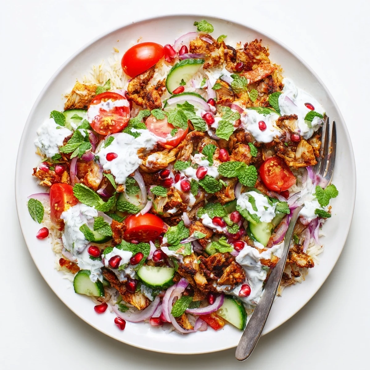 Colorful bowl of Chicken Shawarma Crispy Rice Salad featuring golden rice, tender meat, diced veggies, and a drizzle of tahini dressing.
