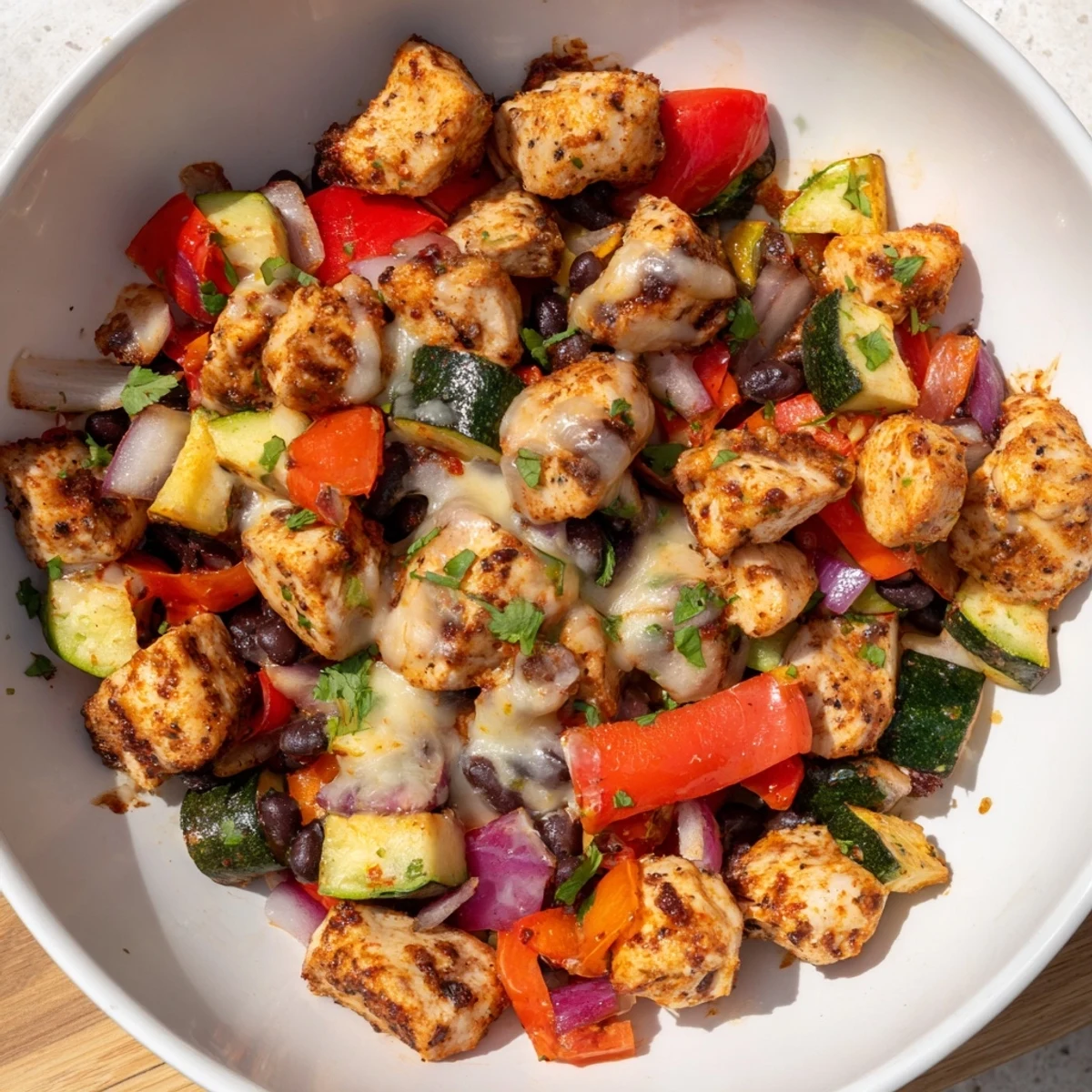 Vibrant Tex-Mex chicken and zucchini skillet with juicy chicken, black beans, and melty cheese, spiced to perfection for a hearty weeknight meal.