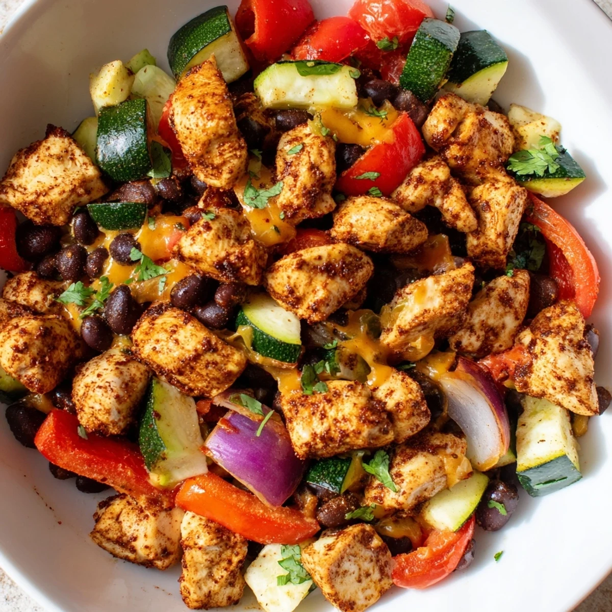 Colorful one-pan Tex-Mex dish featuring tender chicken, sautéed zucchini, and black beans, topped with melted Mexican cheese and fresh cilantro.
