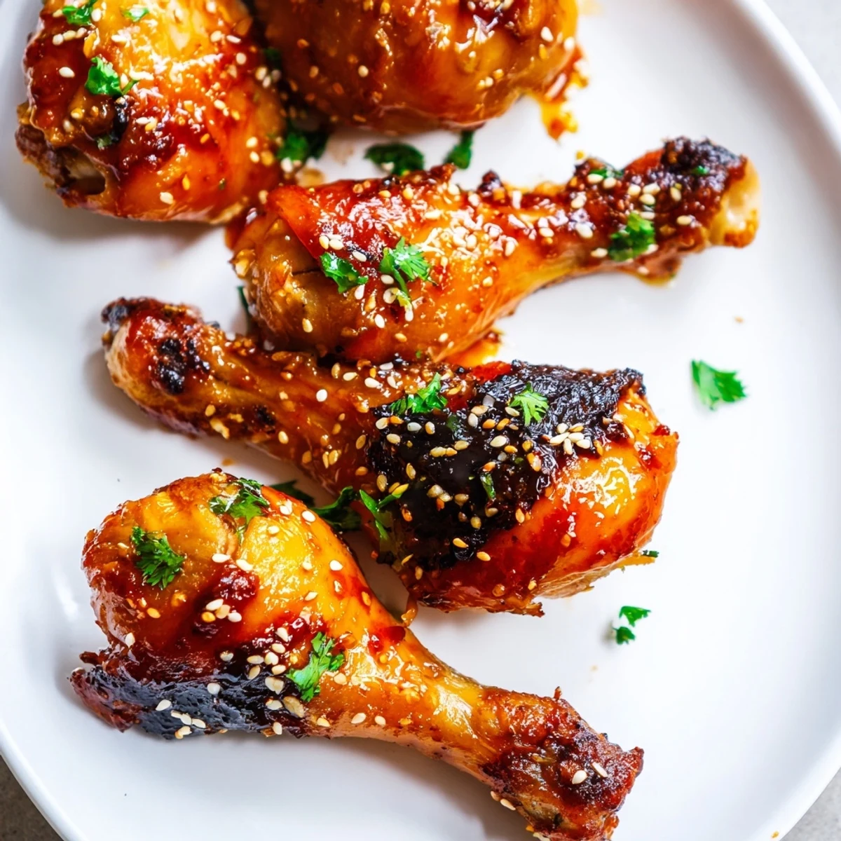 Golden honey garlic baked chicken drumsticks with sticky caramelized glaze and sesame seed garnish
