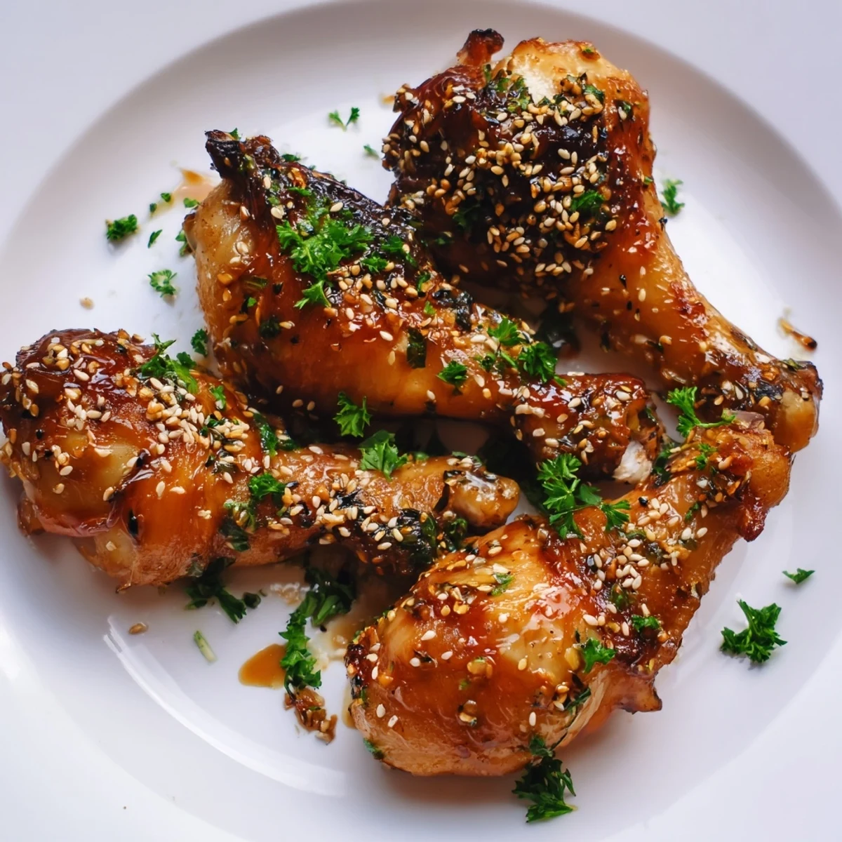Family style honey garlic baked chicken drumsticks arranged on baking sheet with fresh parsley