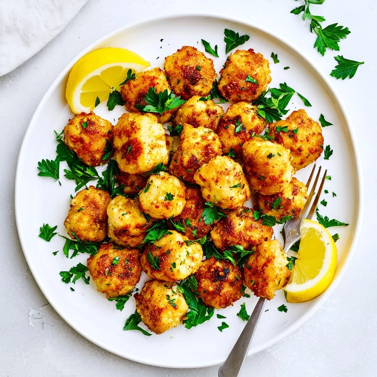 Crispy lemon herb chicken bites cooking in air fryer basket with visible golden brown exterior