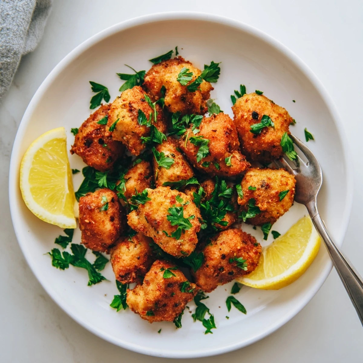 Golden air fryer lemon chicken bites arranged on a white serving plate with fresh parsley garnish