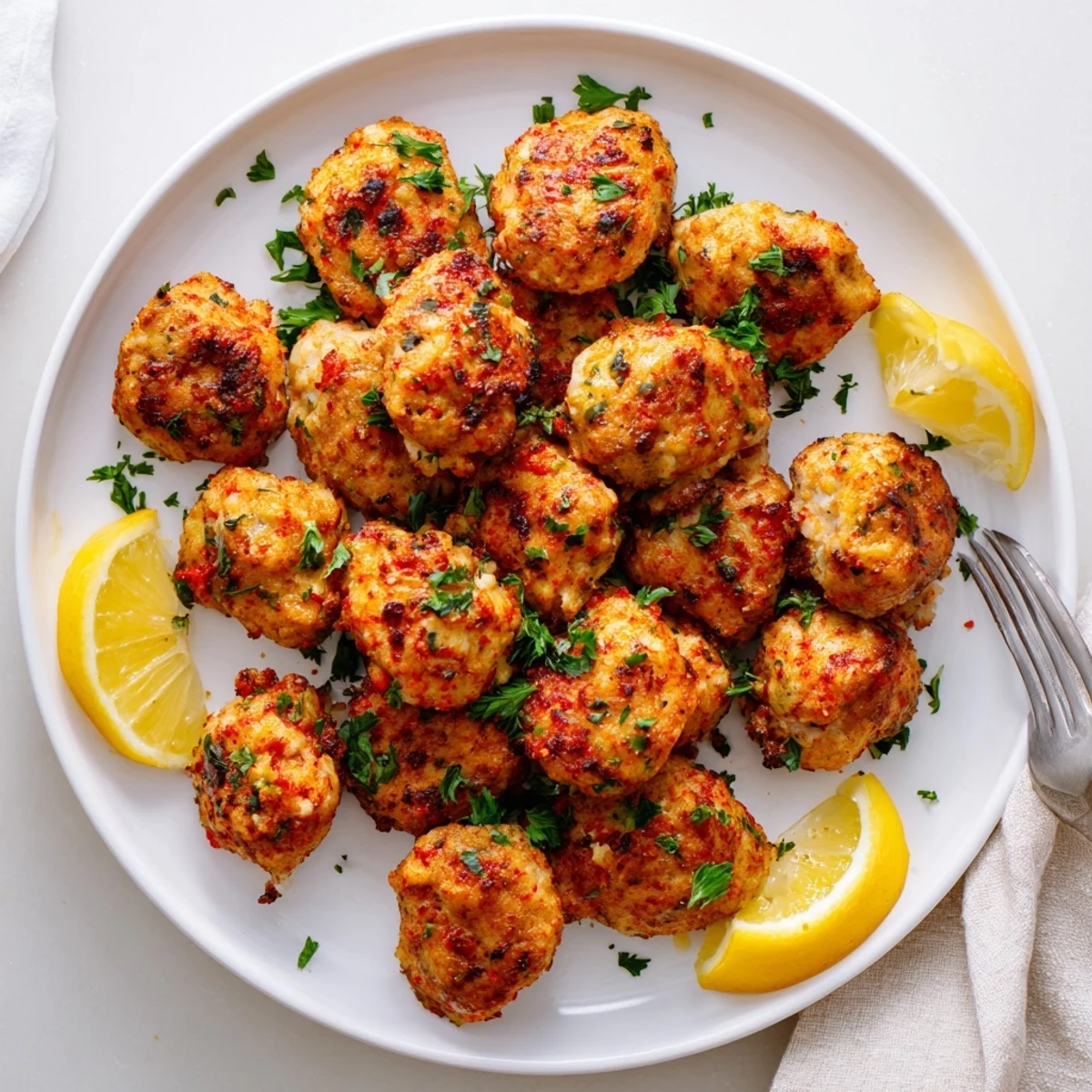 Tender lemon chicken bites plated with lemon wedges and herbs for a gluten-free appetizer