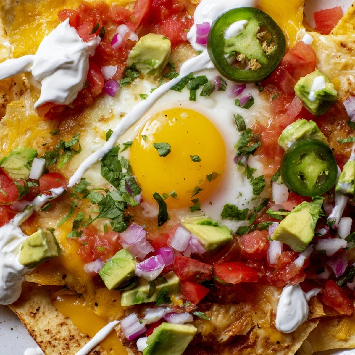 Golden Mexican egg nachos topped with melted cheese, fresh avocado, and sunny-side up eggs on crispy tortilla chips