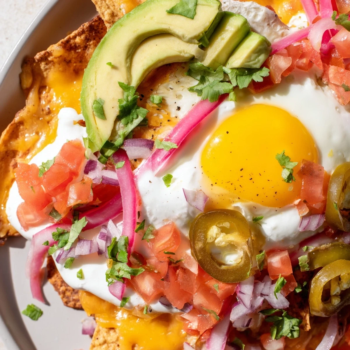 Sizzling plate of Mexican egg nachos garnished with cilantro, jalapeños, sour cream, and perfectly cooked runny yolks