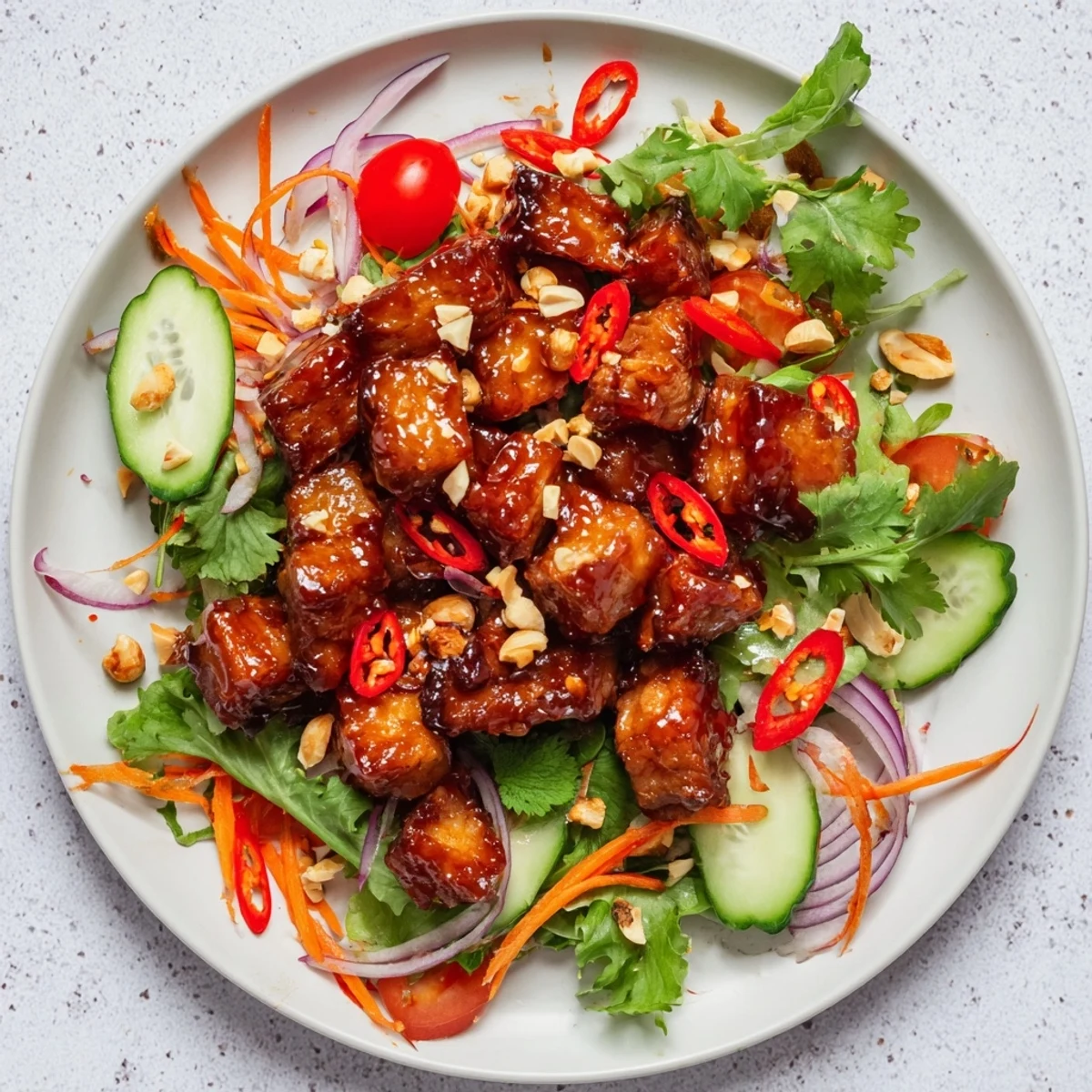 Golden crispy sweet and sour pork belly salad with fresh greens and colorful vegetables tossed in tangy glaze