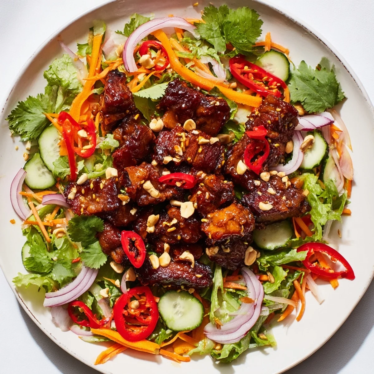 Vibrant Asian fusion salad featuring tender pork belly pieces coated in glossy sweet and sour sauce over mixed salad greens