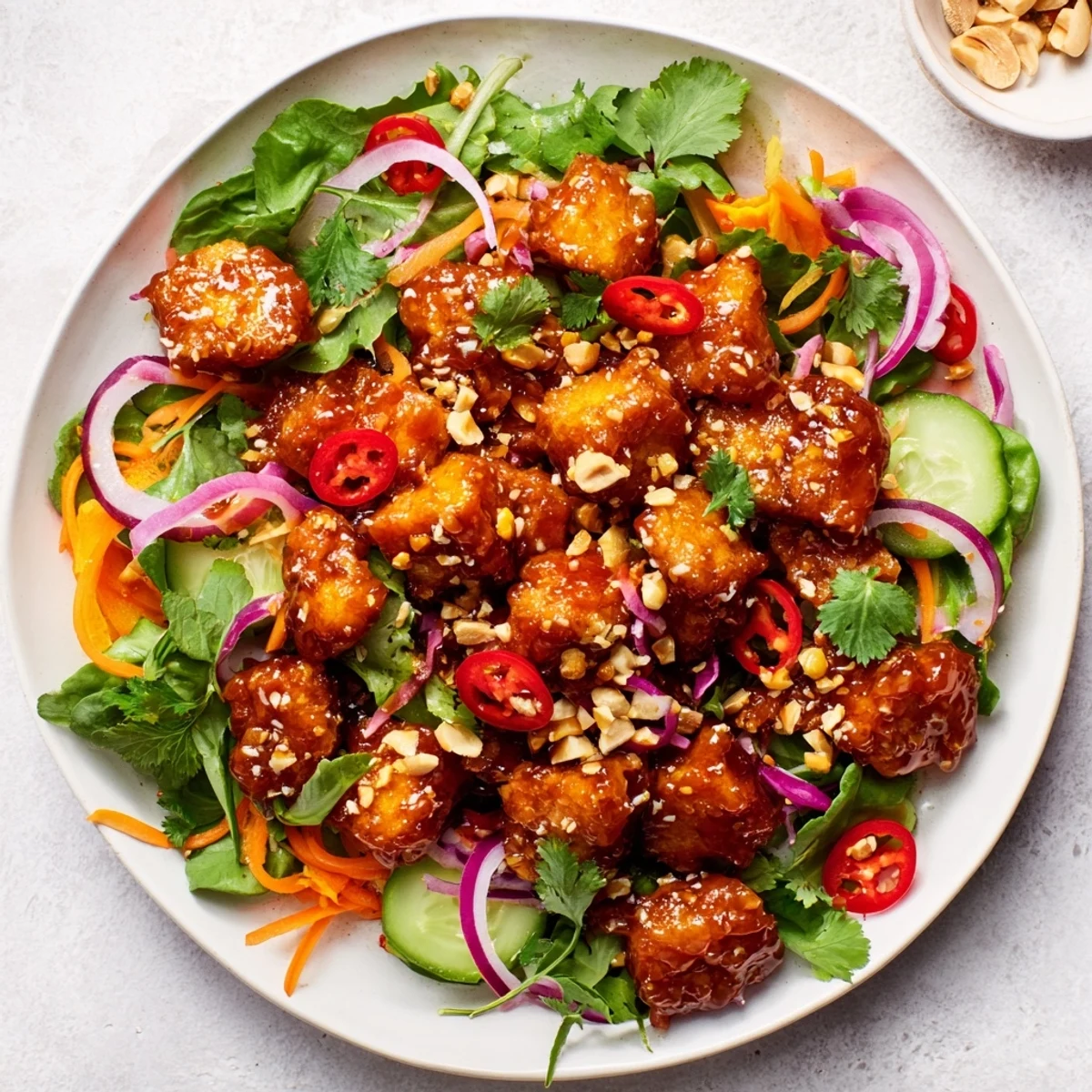 Crispy pork belly salad served on bed of cucumber, carrots, and tomatoes drizzled with homemade sweet and sour sauce