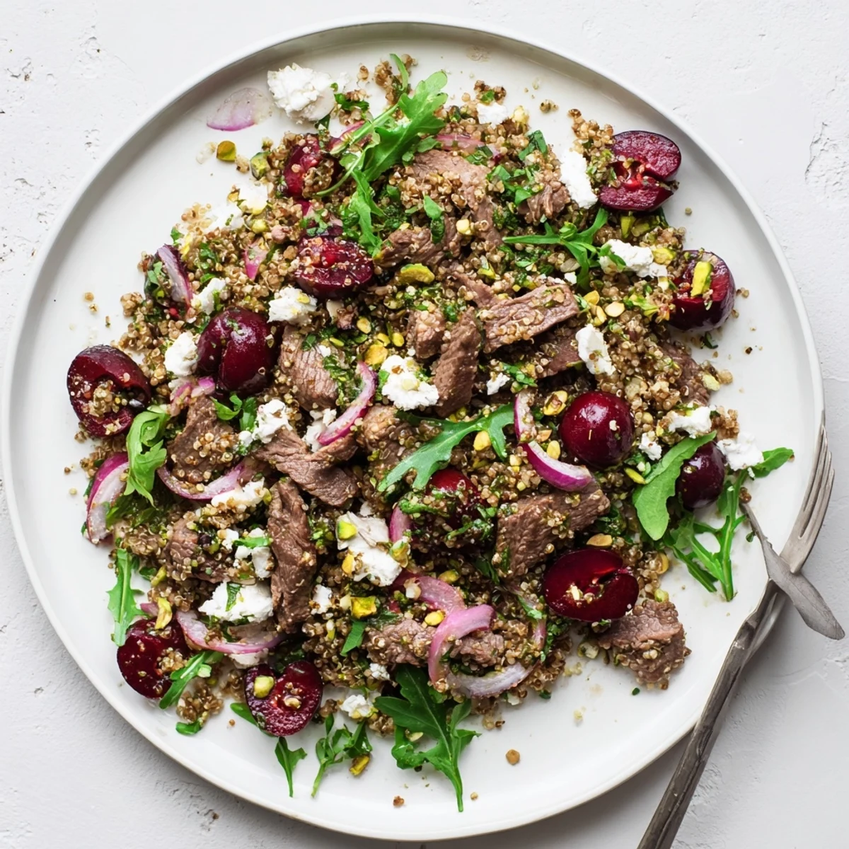 Summer bowl showcasing cherry quinoa salad with lamb featuring juicy cherries peppery arugula fresh herbs and tender spiced meat