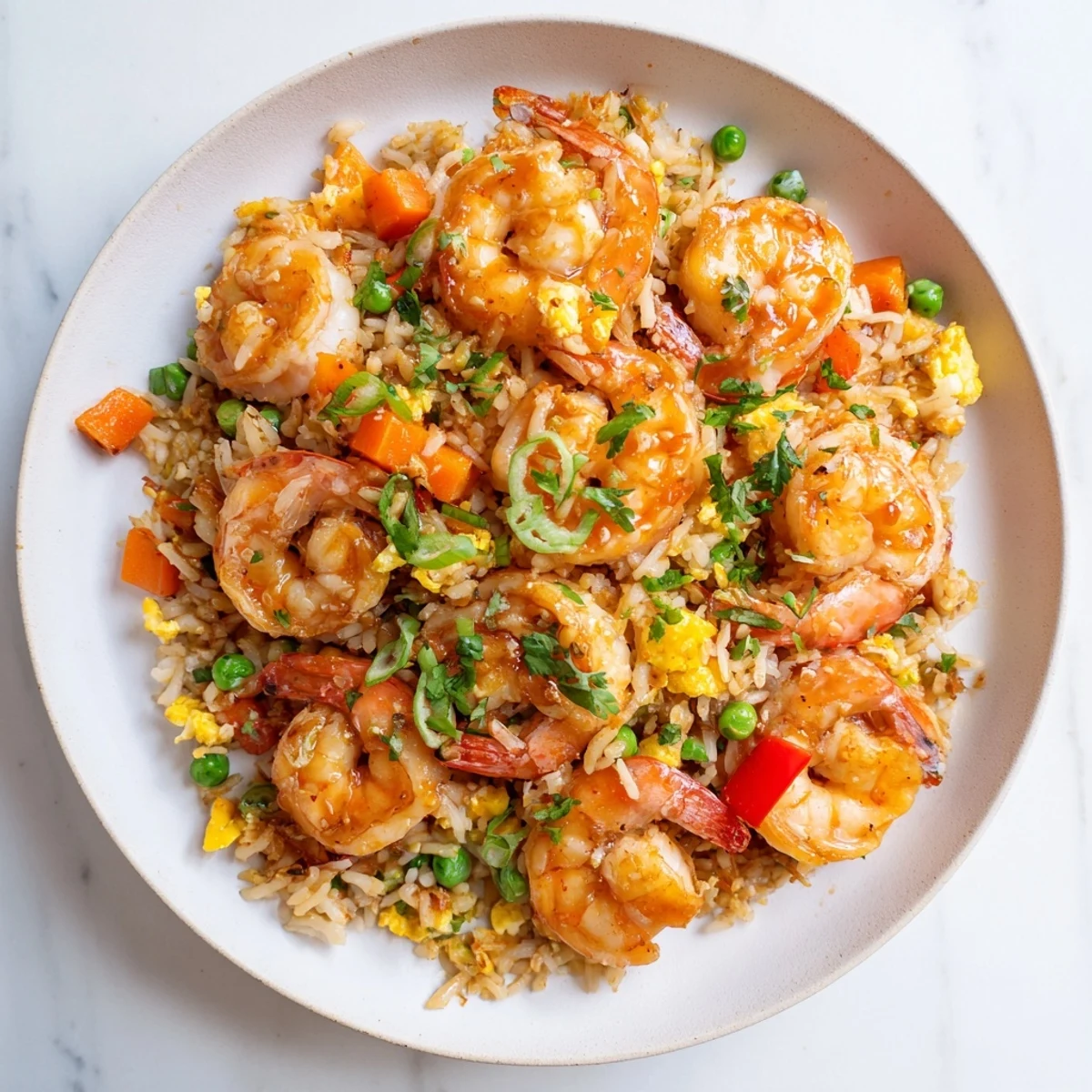 Asian fusion bowl featuring juicy garlic prawns atop vibrant sweet chilli fried rice with peas