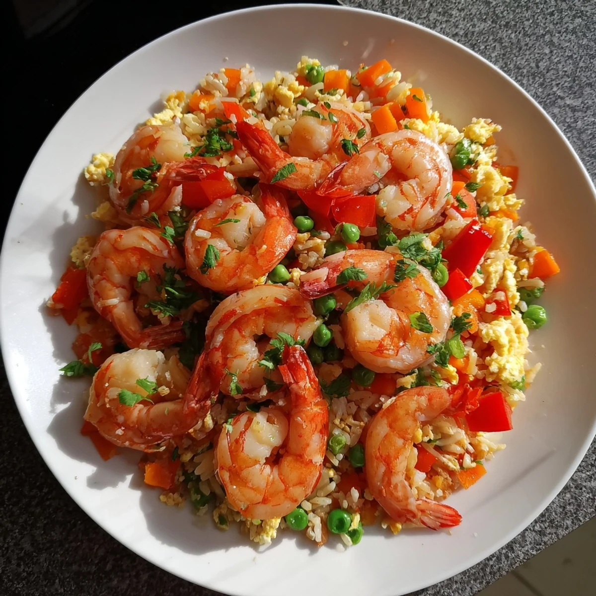 Golden garlic prawns arranged over colorful sweet chilli fried rice with diced vegetables