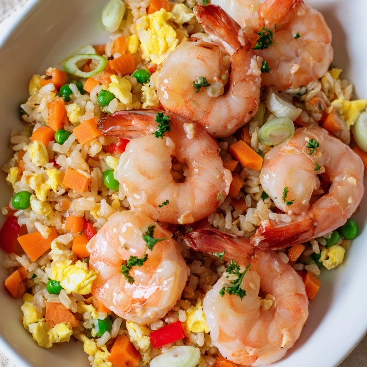 Plated garlic prawns and sweet chilli fried rice garnished with fresh parsley and spring onions