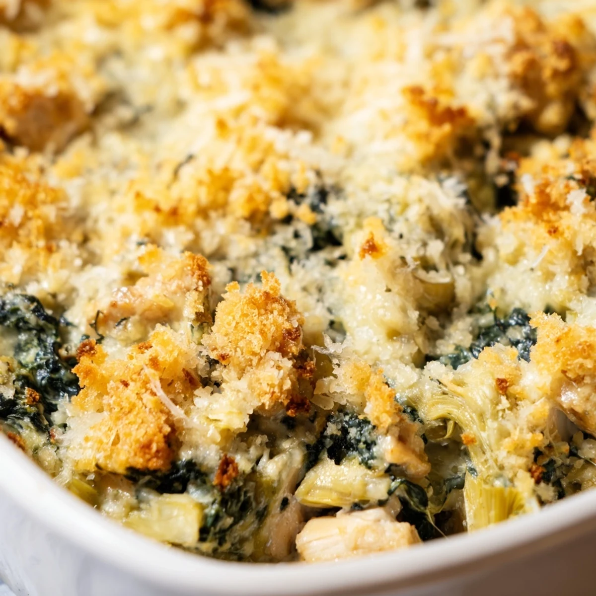 Golden brown high protein spinach and artichoke chicken casserole with crispy breadcrumb topping bubbling in baking dish