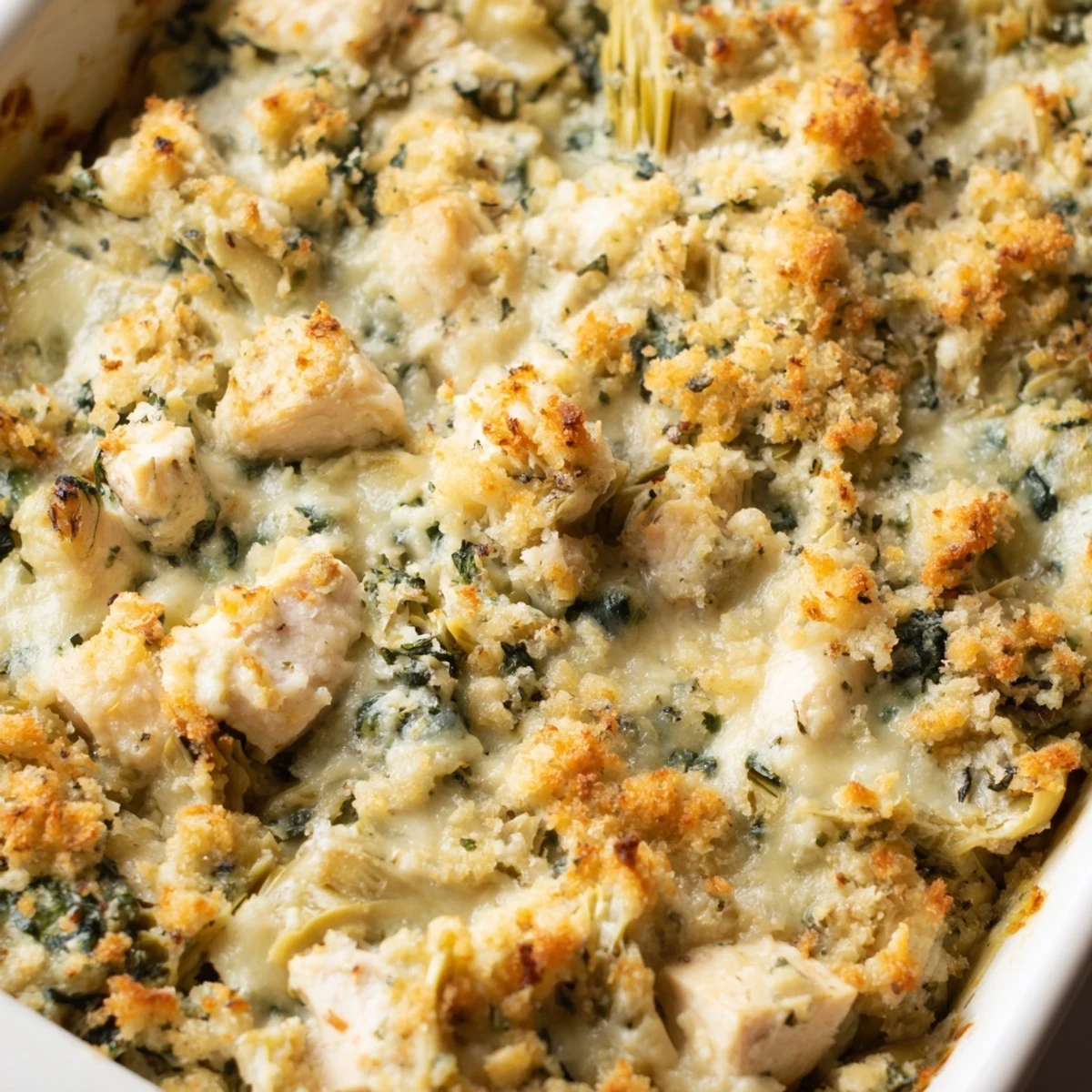 Creamy spinach and artichoke chicken casserole served hot with melted cheese and golden panko crust on white plate