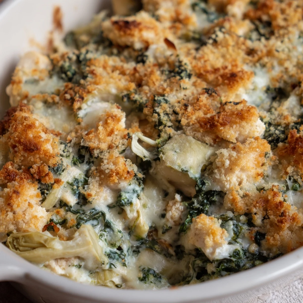 Spoonful of tender chicken casserole featuring spinach artichokes and three cheese blend with crunchy parmesan breadcrumb garnish