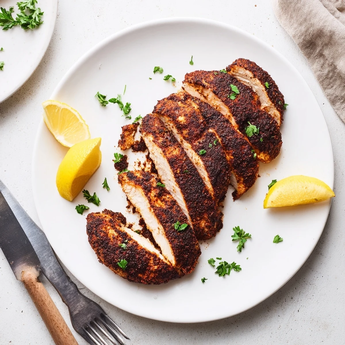 Golden blackened chicken breasts with a dark crispy spice crust served on a white plate