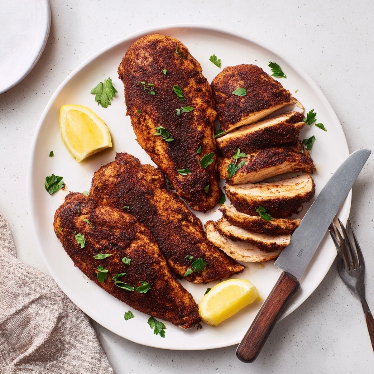 Spicy Cajun seasoned blackened chicken sliced to reveal juicy tender meat inside