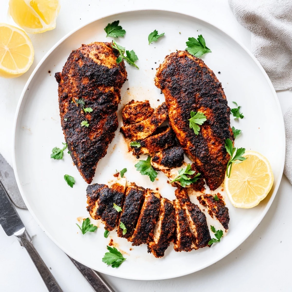 Cast iron skillet blackened chicken with caramelized dark seasoning and fresh parsley garnish