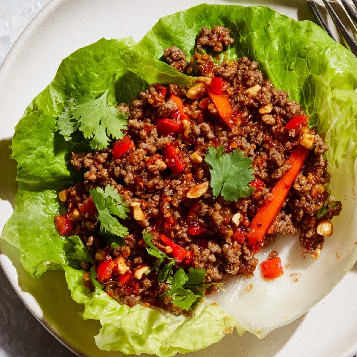 Beef and cashew lettuce cups garnished with fresh cilantro and lime wedges on plate