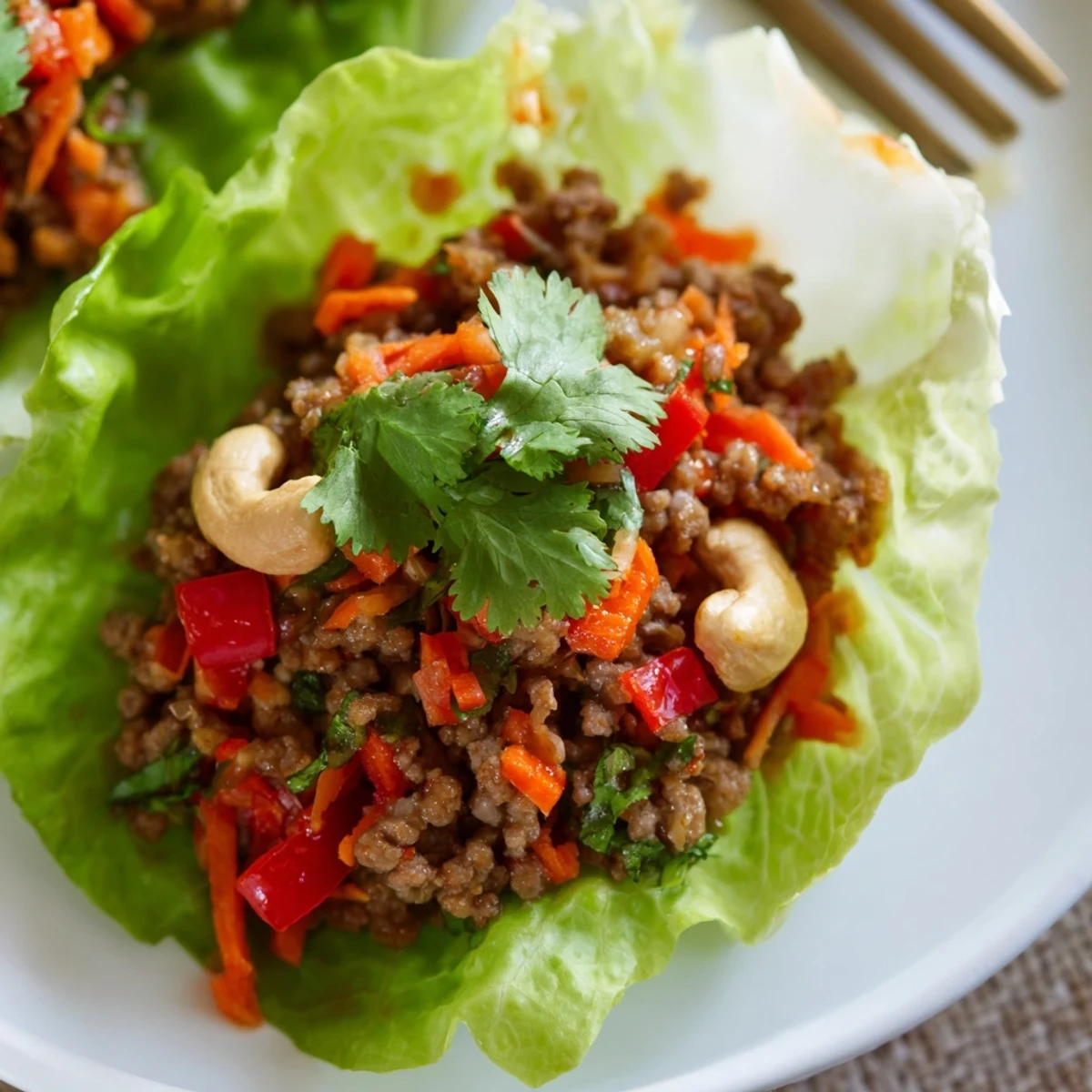 Savory ground beef and roasted cashew filling spooned into green butter lettuce leaves