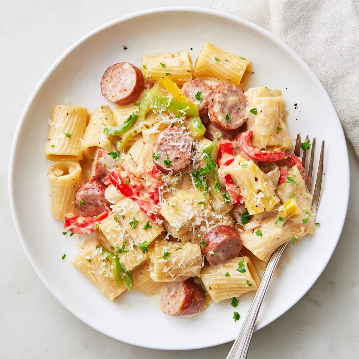 One pot creamy spicy Cajun sausage pasta with sliced sausage, colorful bell peppers, and tender penne coated in a rich Parmesan cream sauce
