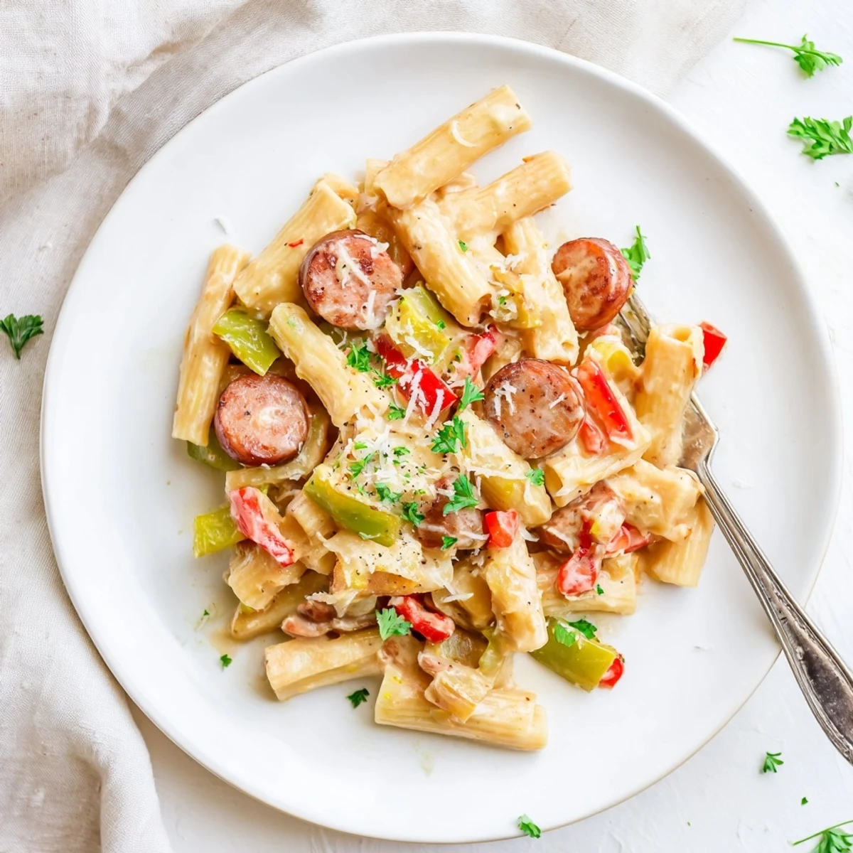 Creamy Cajun sausage pasta dish garnished with fresh parsley, showing tender pasta shells and sausage rounds in a thick, cheesy white sauce