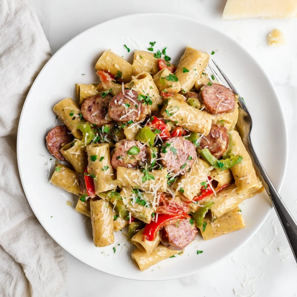 Steaming bowl of Cajun sausage pasta featuring smoky sliced sausage, diced red and green peppers, and al dente rigatoni in a spicy creamy sauce