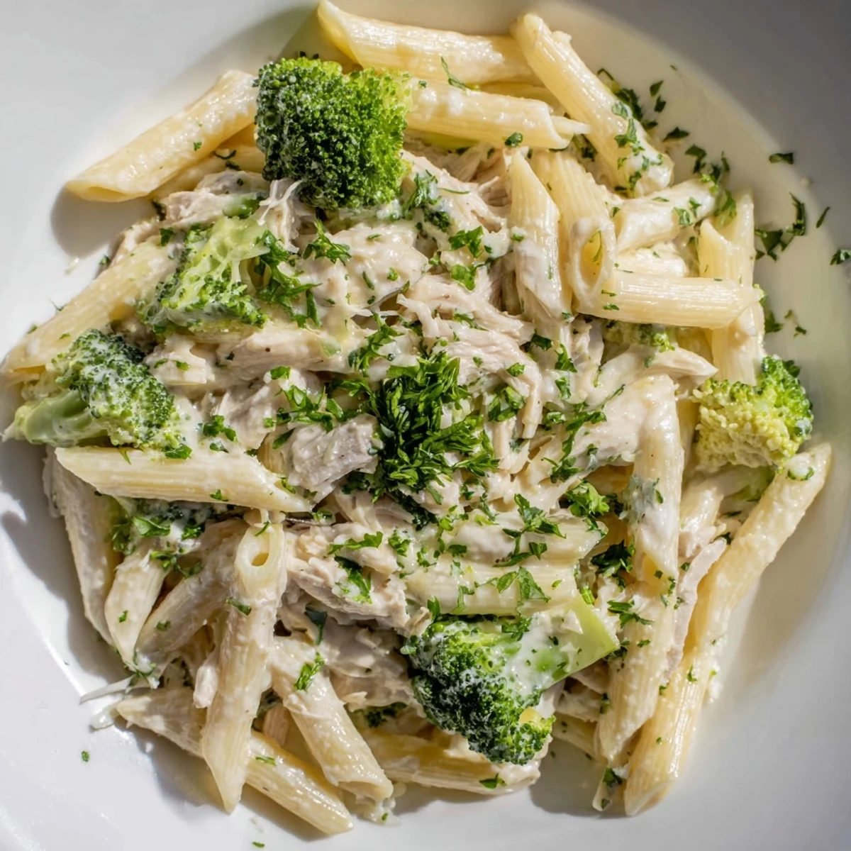 Creamy rotisserie chicken broccoli pasta tossed in rich garlic parmesan sauce with tender penne